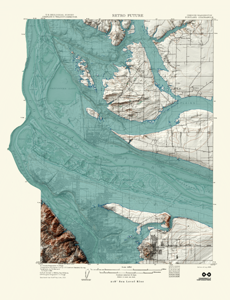 Retrofuture 1905 Portland Map with 218′ Sea Level Rise