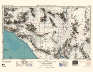 Retrofuture 1953 Salton Sea Map (with Joshua Tree Nat. Mon.), with 218′ Sea Level Rise