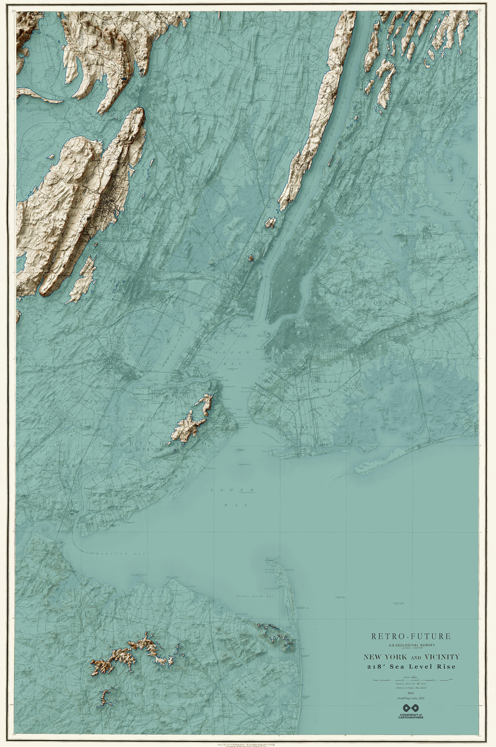 Retrofuture 1894 New York City Vicinity Map with 218′ Sea Level Rise