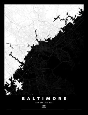 Baltimore Silhouette Map, 66m Sea Level Rise