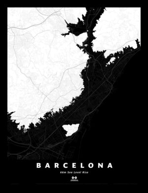 Barcelona Silhouette Map, 66m Sea Level Rise