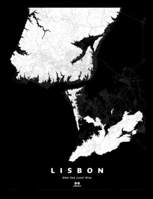 Lisbon Silhouette Map, 66m Sea Level Rise