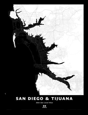 San Diego/Tijuana Silhouette Map, 66m Sea Level Rise