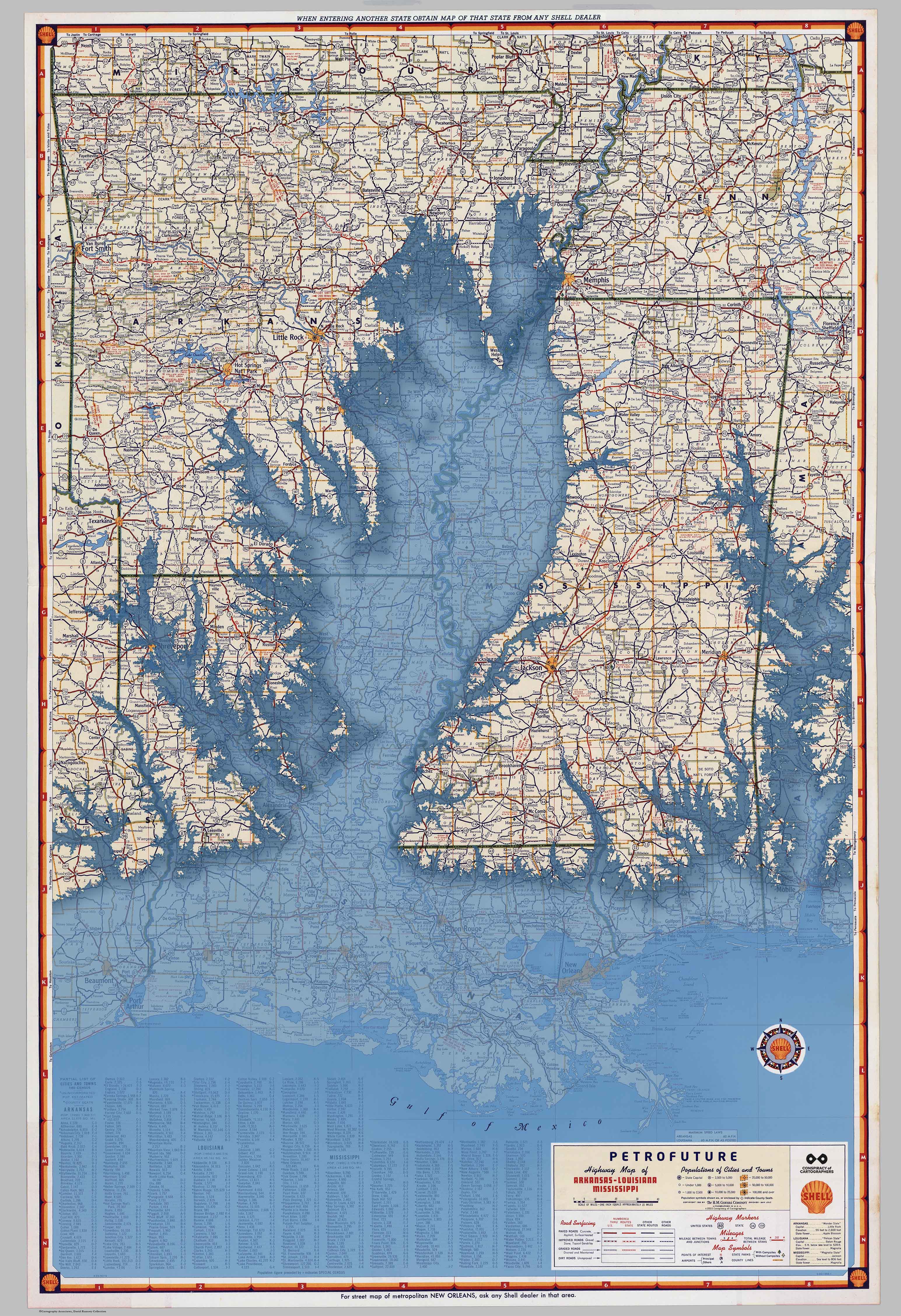 Petrofuture 1956 Sea Level Rise Map of Arkansas, Louisiana, and Mississippi